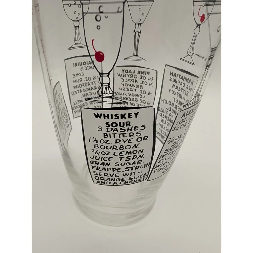 Vtg MCM XLarge 32-Oz Glass Cocktail Shaker Recipes 2 Lids Martini Daiquiri